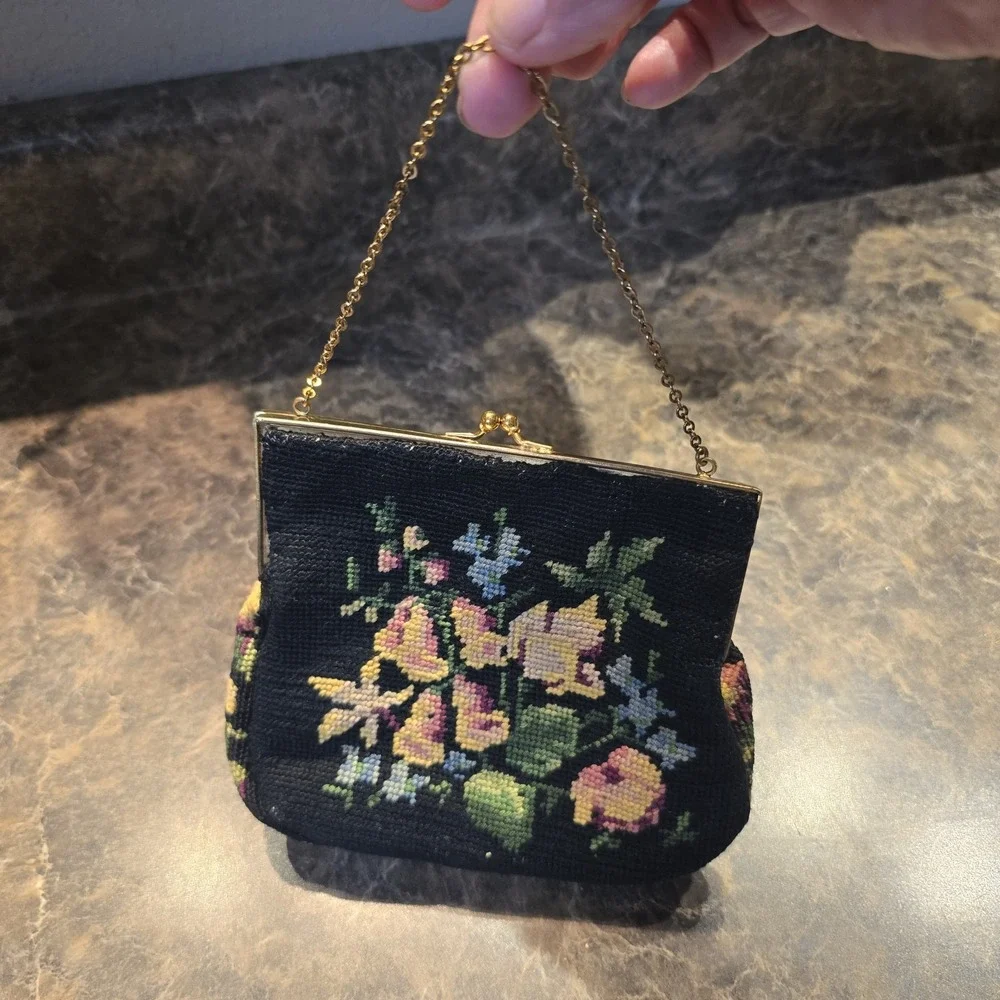 Vintage Jolles Original Needlepoint Tapestry Handbag Purse Floral Design‎